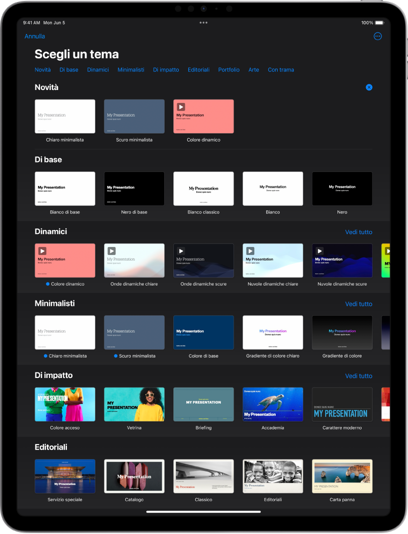 “Scelta temi”, in cui è visibile una riga di categorie nella parte superiore dello schermo che puoi toccare per filtrare le opzioni. Sotto si trovano le miniature di temi predefiniti organizzati in righe per categoria.