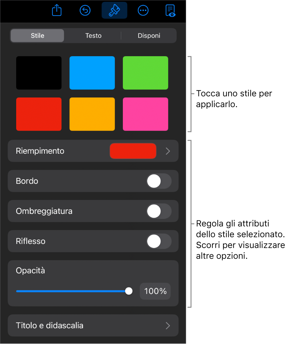 Pannello Stile del menu Formato con gli stili dell’oggetto in alto e un controllo sottostante per cambiare bordo, ombra, riflesso e opacità.