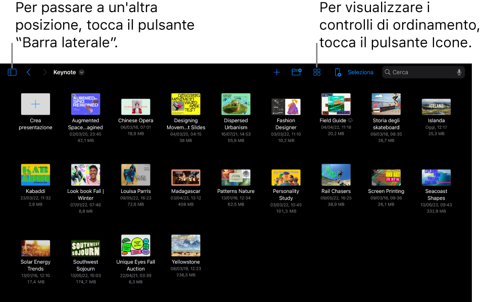 La vista Sfoglia nella gestione della presentazione con il pulsante “Barra laterale” nell’angolo in alto a sinistra. Il pulsante Aggiungi, “Nuova cartella”, i pulsanti Icone (per ordinare per nome, data, dimensioni o tag), il pulsante Seleziona e Cerca si trovano in alto a destra. Sotto sono visibili le miniature delle presentazioni esistenti.