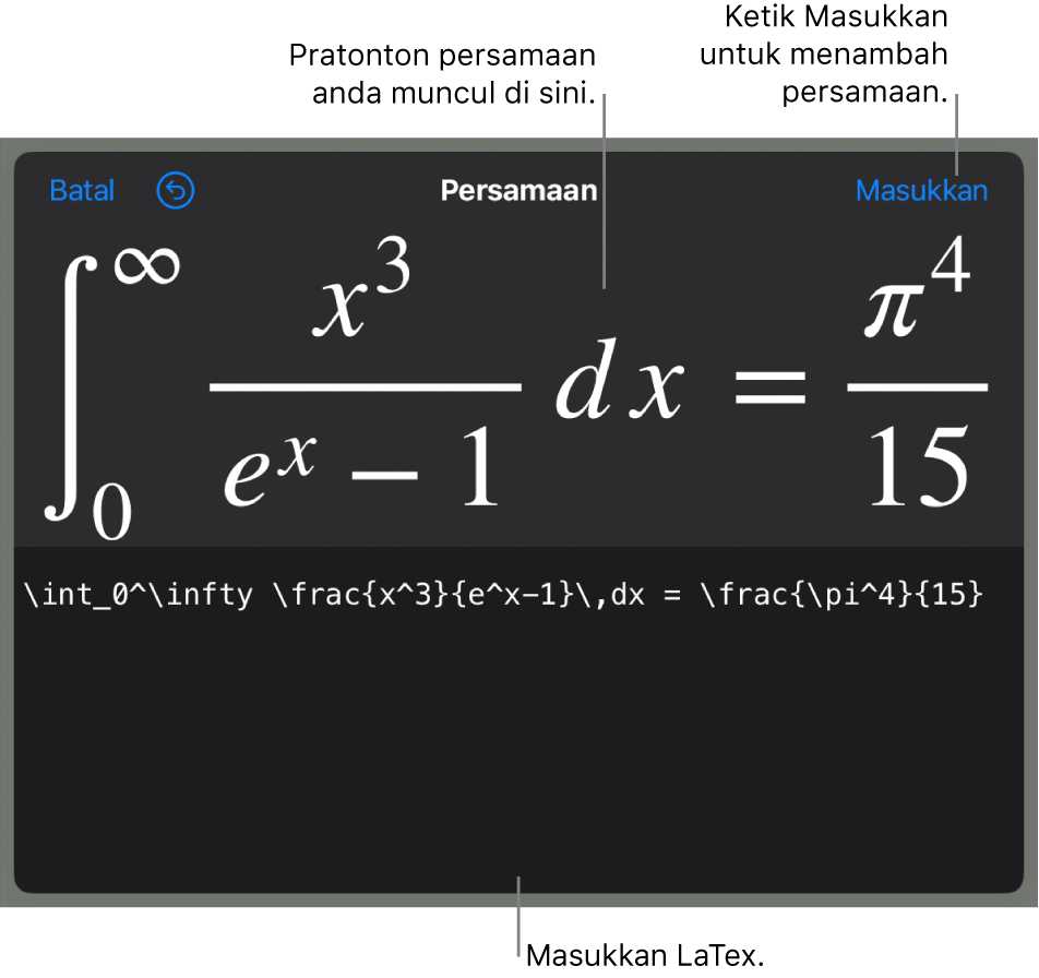 Dialog Persamaan, menunjukkan persamaan yang ditulis menggunakan perintah LaTex manakala pratonton formulanya di atas.