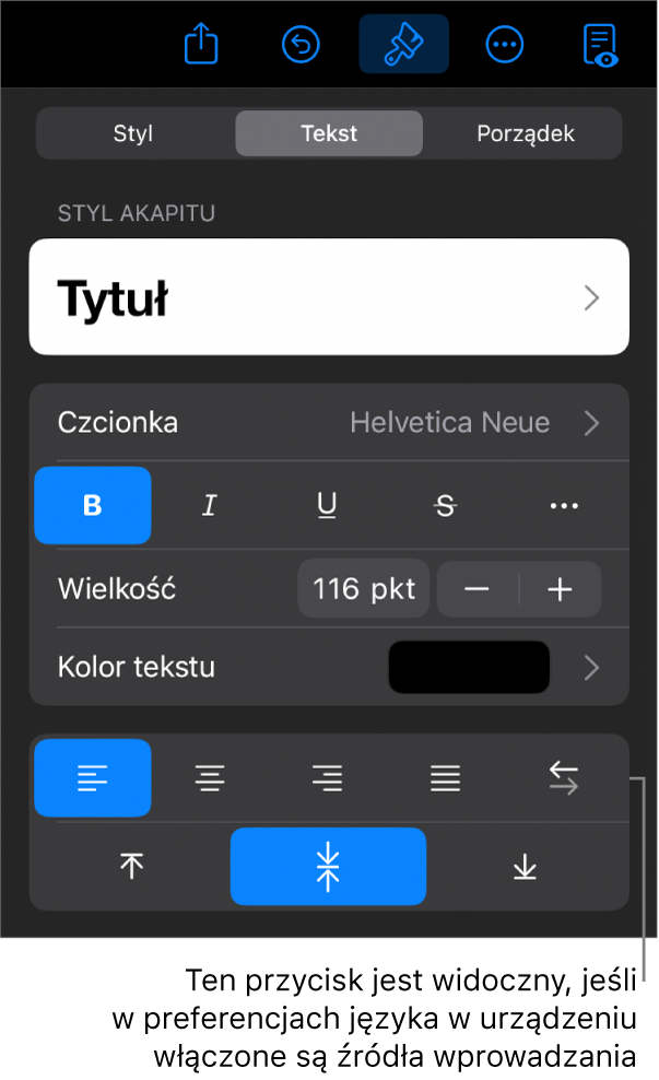 Narzędzia tekstu w menu Format z objaśnieniem wskazującym przycisk Od lewej do prawej.