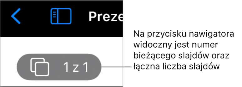 Przycisk nawigatora slajdów z wyświetlonym numerem bieżącego slajdu oraz łączną liczbą slajdów w prezentacji.