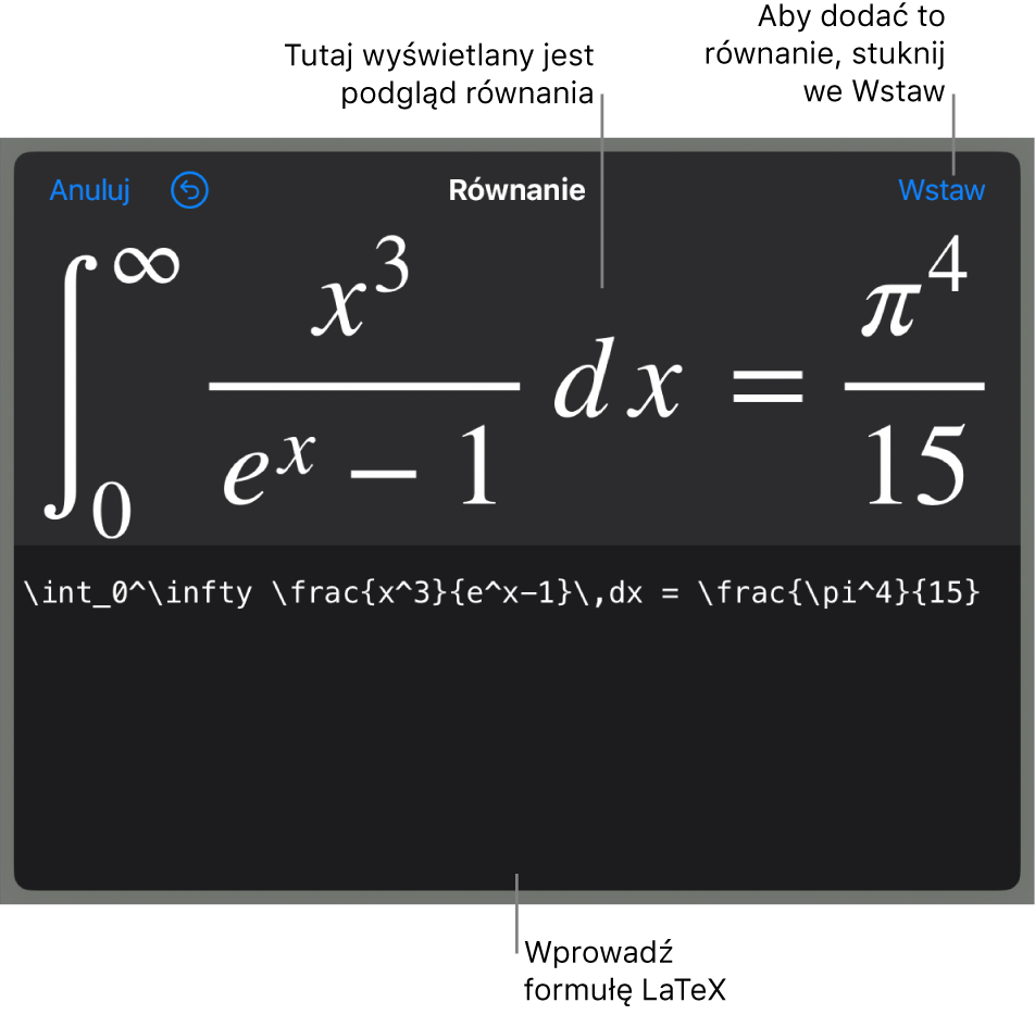 Pole dialogowe Równanie, zawierające równanie zapisane przy użyciu języka LaTeX. Powyżej widoczny jest podgląd tego równania.
