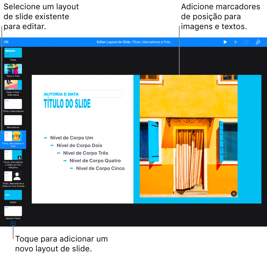 Um layout de slide exibido na tela de slides, com o botão “Adicionar um Layout de Slide” na parte inferior do navegador de slides.
