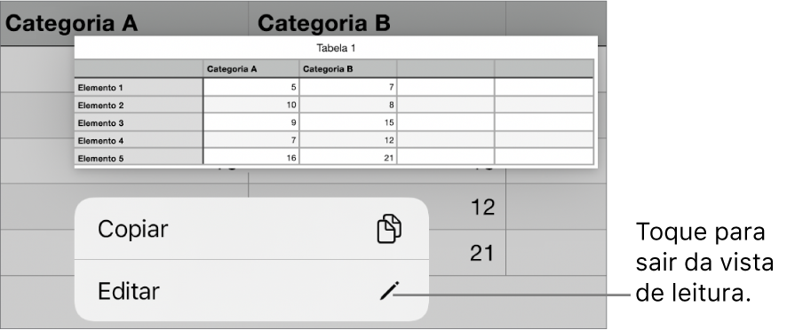 Uma célula de tabela está selecionada e por cima está um menu com os botões "Copiar” e “Editar”.
