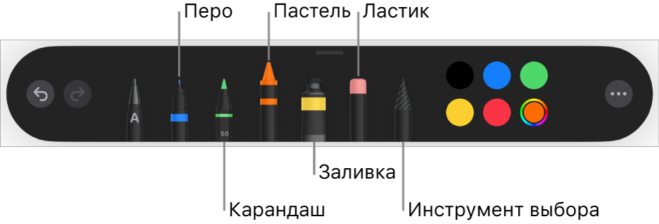 Панель инструментов рисования: перо, карандаш, пастель, заливка, ластик, инструмент выбора и цветовая область с текущим цветом.