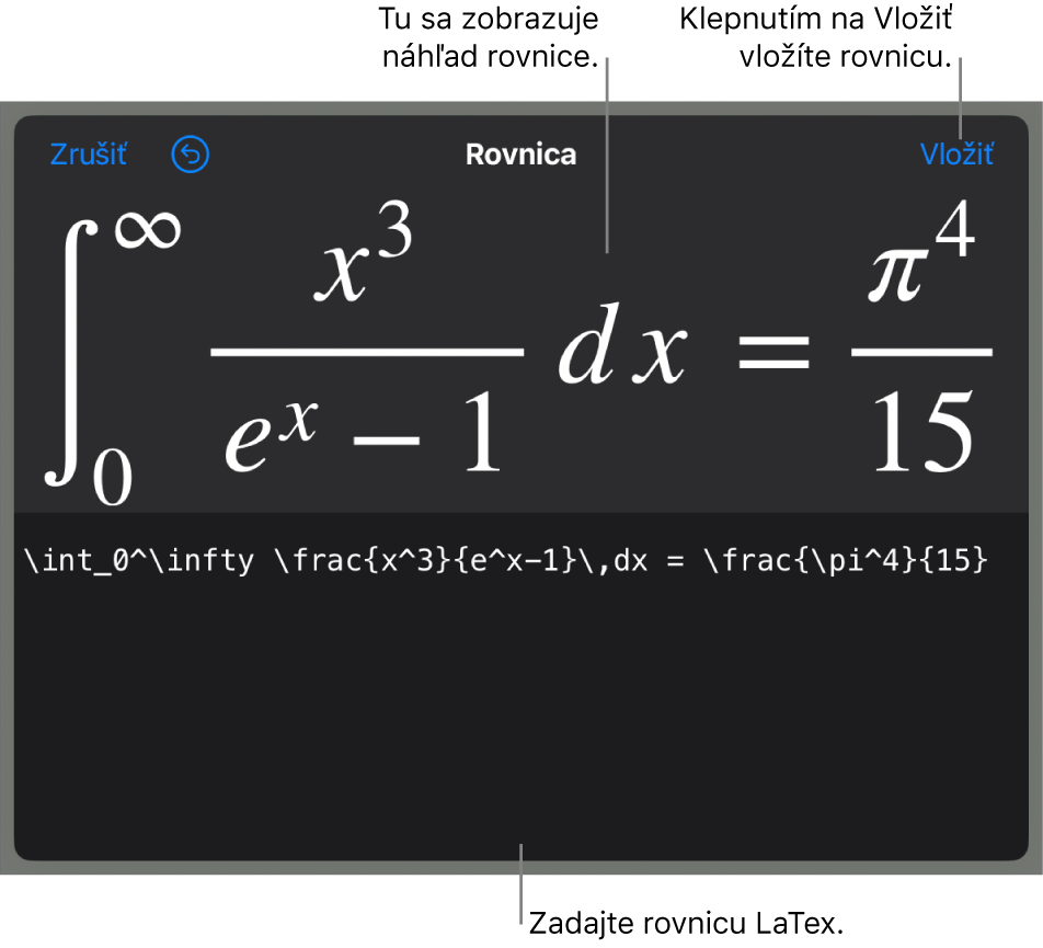 Dialógové okno Rovnica zobrazujúce rovnicu napísanú pomocou príkazov LaTeX, vyššie sa nachádza náhľad vzorca.