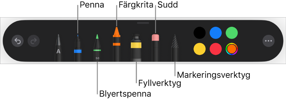 Ritverktygsfältet med en penna, blyertspenna, krita, fyllningsverktyg, sudd, markeringsverktyg och en färgkälla som visar den aktuella färgen.