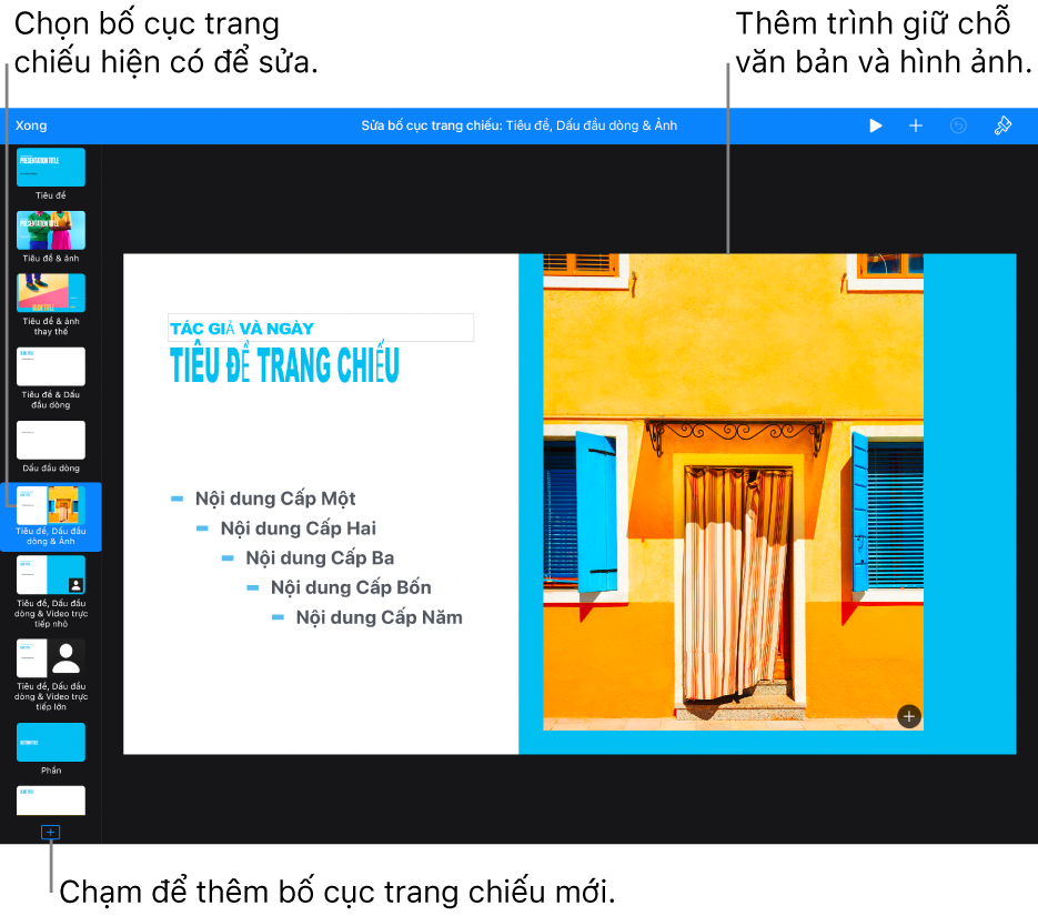 Một bố cục trang chiếu đang hiển thị trên khung trang chiếu, với nút Thêm bố cục trang chiếu ở cuối trình điều hướng trang chiếu.