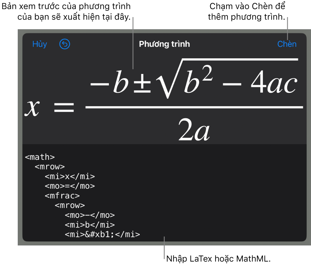 Hộp thoại Phương trình, đang hiển thị phương trình được viết bằng các lệnh MathML và bản xem trước của công thức ở bên trên.