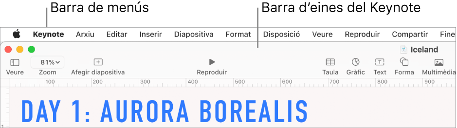 La barra de menú a la part superior de la pantalla amb els menús Apple, Keynote, Arxiu, Editar, Inserir, Format, Disposició, Veure, Reproduir, Compartir, Finestra i Ajuda. A sota de la barra de comentaris hi ha oberta una presentació del Keynote amb els botons de barra d’eines Veure, Zoom, “Afegir diapositiva”, Reproduir, Taula, Gràfic, Text, Forma i Multimèdia a la part superior.