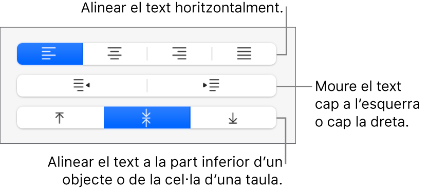 La secció Alineació de la barra lateral, amb botons per alinear el text horitzontalment, moure’l a l’esquerra o la dreta i alinear-lo verticalment.