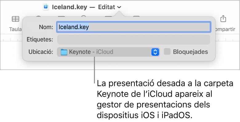 El quadre de diàleg Desar per a una presentació, amb “Keynote - iCloud” al menú desplegable Ubicació.