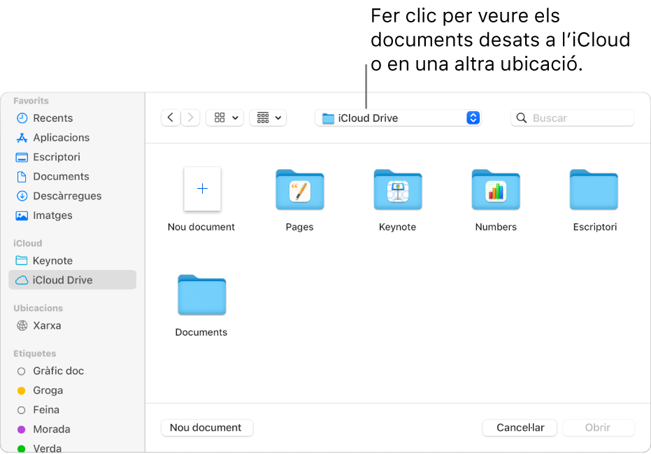 El quadre de diàleg Obrir, amb la barra lateral oberta a l’esquerra i l’iCloud Drive seleccionat al menú desplegable de la part superior. Les carpetes del Keynote, el Numbers i el Pages apareixen al quadre de diàleg juntament amb el botó “Nou document”.