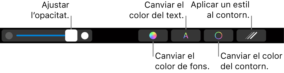 La Touch Bar del MacBook Pro amb controls per ajustar l’opacitat d’una forma, canviar‑ne el color d’emplenament, el color del text, el color del contorn i aplicar un estil al contorn.