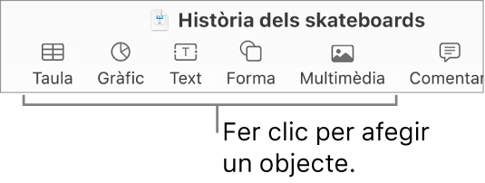 La barra d’eines del Keynote amb els botons Taula, Gràfic, Text, Forma i Multimèdia.