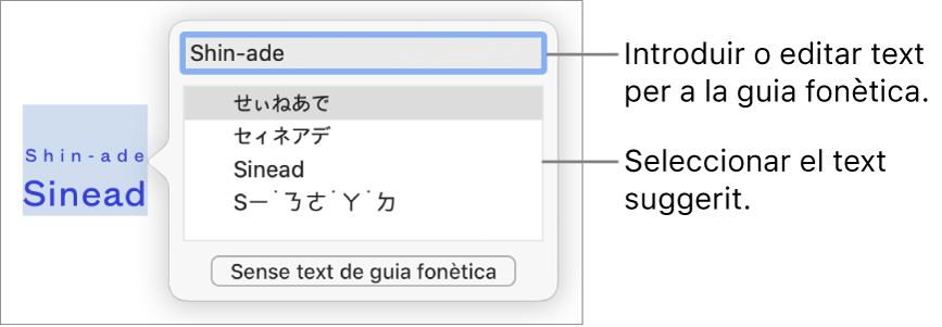 La guia fonètica, oberta per a una paraula, amb llegendes per al camp de text i el text suggerit.