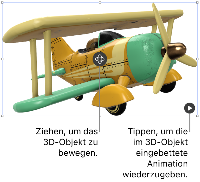 Ein 3D-Objekt mit der Taste „Drehen“ in der Mitte des Objekts und der Wiedergabetaste in der rechten unteren Ecke