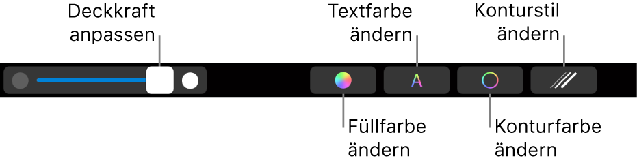 Die MacBook Pro-Touch Bar mit Steuerelementen zum Anpassen der Deckkraft einer Form, Ändern der Füll-, Text- und Konturfarbe sowie des Konturstils.