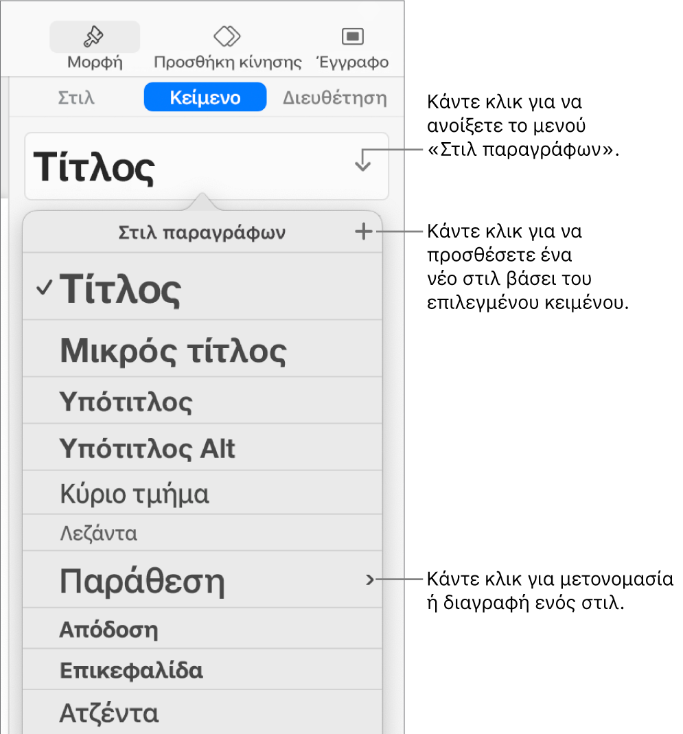 Το μενού «Στιλ παραγράφων» που εμφανίζει τα στοιχεία ελέγχου για την προσθήκη ή την αλλαγή ενός στιλ.