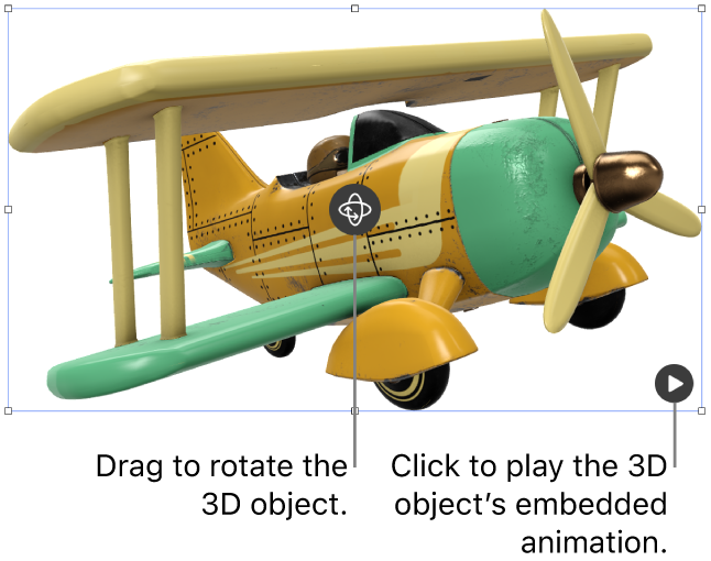 A 3D object with the Rotate button in the middle of the object, and the Play button in the lower-right corner.