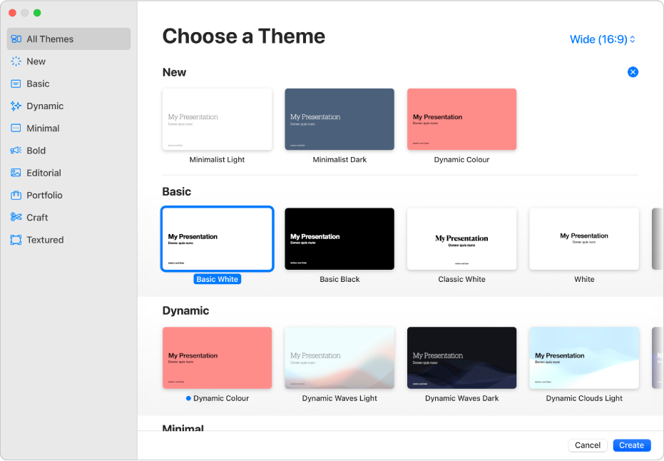 The theme chooser. A sidebar on the left lists theme categories you can click to filter options. On the right are thumbnails of pre-designed themes, arranged in rows by category.