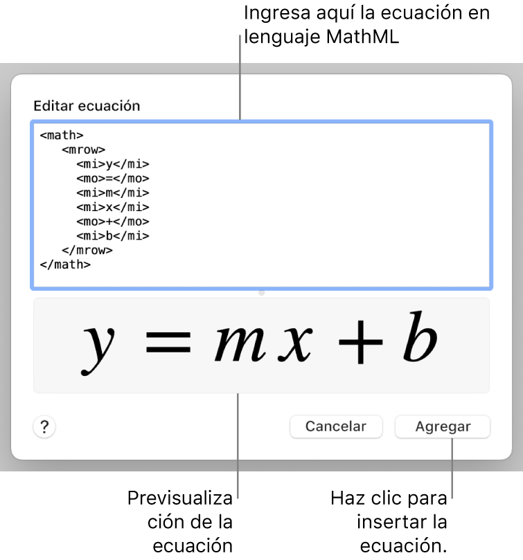 La ecuación de la pendiente de una recta en el campo Editar ecuación y la previsualización de la fórmula a continuación.