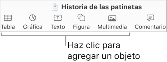 La barra de herramientas de Keynote con los botones Tabla, Gráfica, Texto, Figura y Contenido.