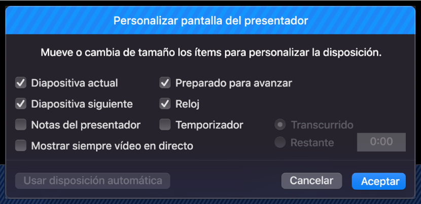 Cuadro de diálogo “Personalizar pantalla del presentador”.