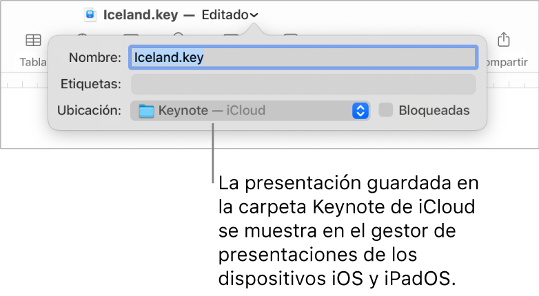 El cuadro de diálogo Guardar de un presentación abierta con “Keynote — iCloud” se encuentra en el menú desplegable Dónde.