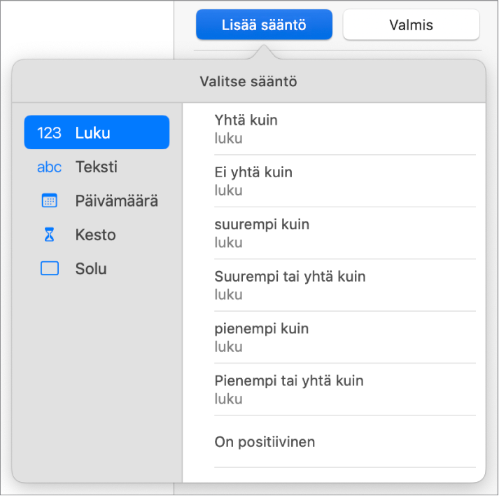 Säätimet ehdollisen korostuksen asettamiseen.