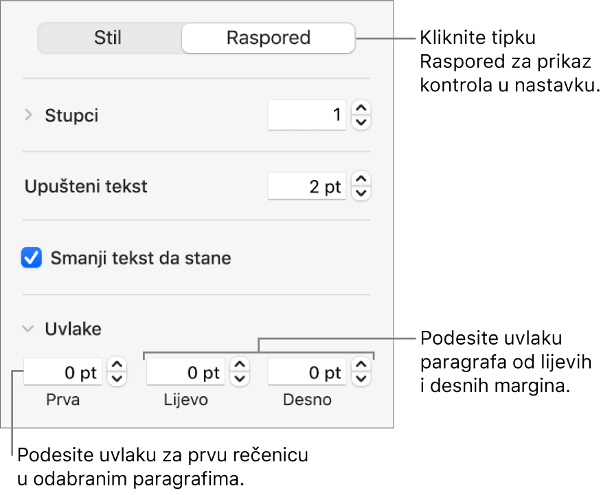 Odjeljak Raspored u rubnom stupcu Formatiraj s prikazom kontrola za podešavanje uvlake prvog retka i margina paragrafa.