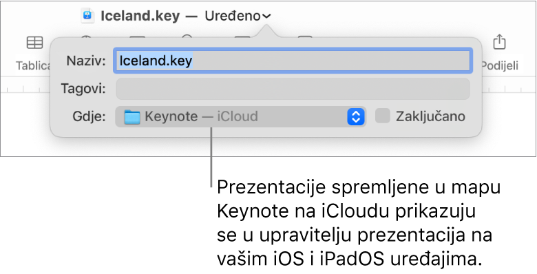 Dijaloški okvir Spremi za prezentaciju s aplikacijom Keynote – iCloud u skočnom izborniku Gdje.