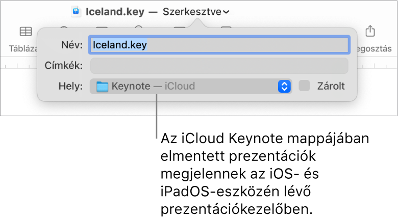 A Mentés párbeszédpanel Keynote – iCloud prezentáció esetében, a Hely előugró menüben.