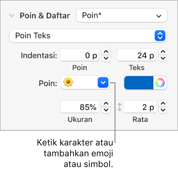 Bagian Poin & Daftar pada bar samping Format. Bidang Poin menampilkan emoji bunga.