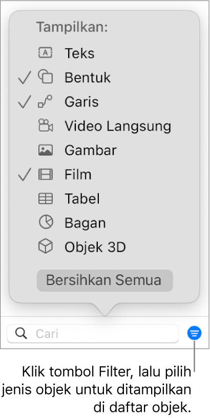 Menu pop-up Filter terbuka, dengan daftar jenis objek yang dapat disertakan dalam daftar (teks, bentuk, garis, gambar, film, tabel, dan bagan).