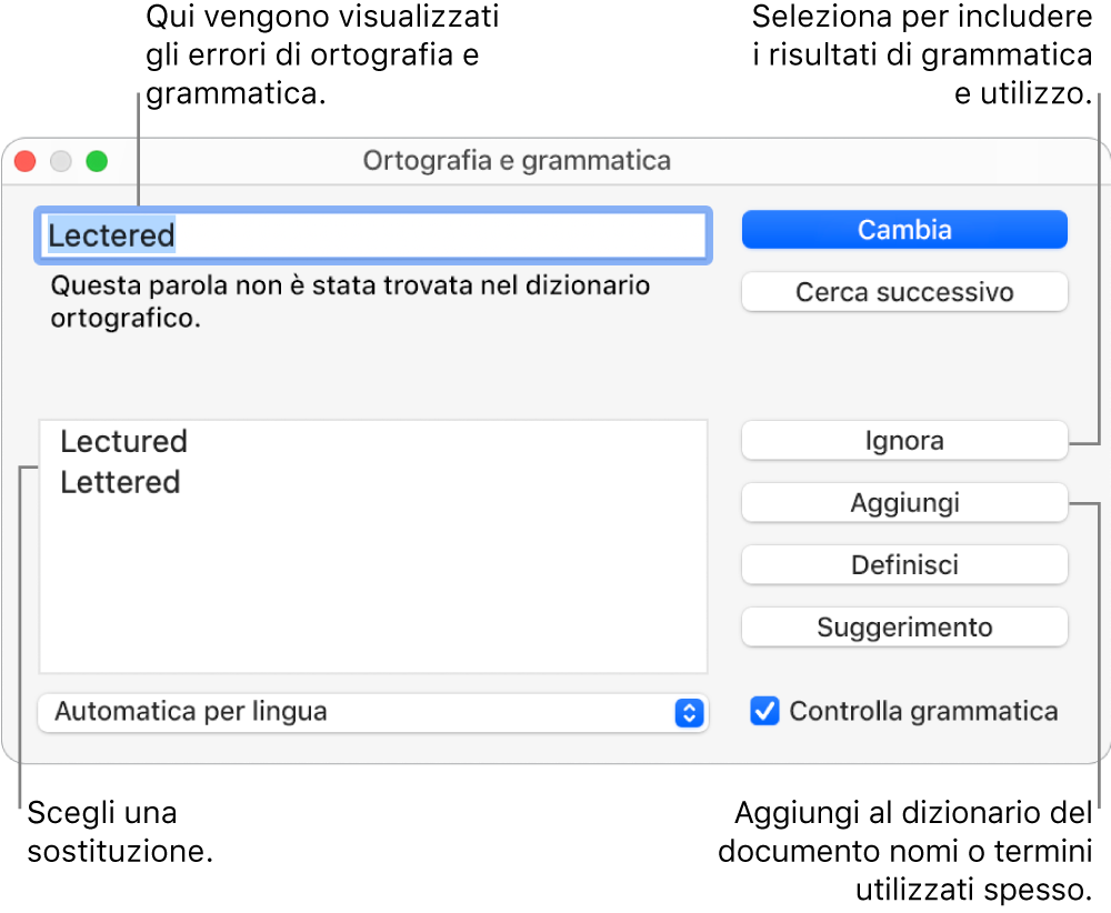Finestra “Ortografia e grammatica”.