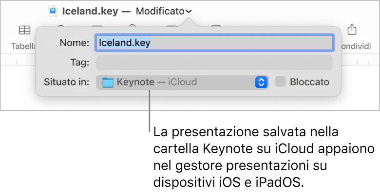 Finestra di dialogo Salva per una presentazione con “Keynote — iCloud” nel menu a comparsa Dove.