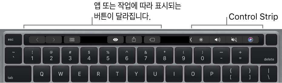 숫자 키 위에 Touch Bar가 있는 키보드입니다. 텍스트 수정 버튼은 왼쪽과 중앙에 있습니다. 오른쪽에 있는 Control Strip에는 밝기, 음량, Siri를 제어하는 시스템 제어기가 있습니다.