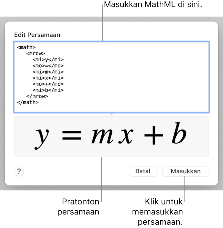 Persamaan untuk cerun garis dalam medan Edit Persamaan dan pratonton formula di bawah.
