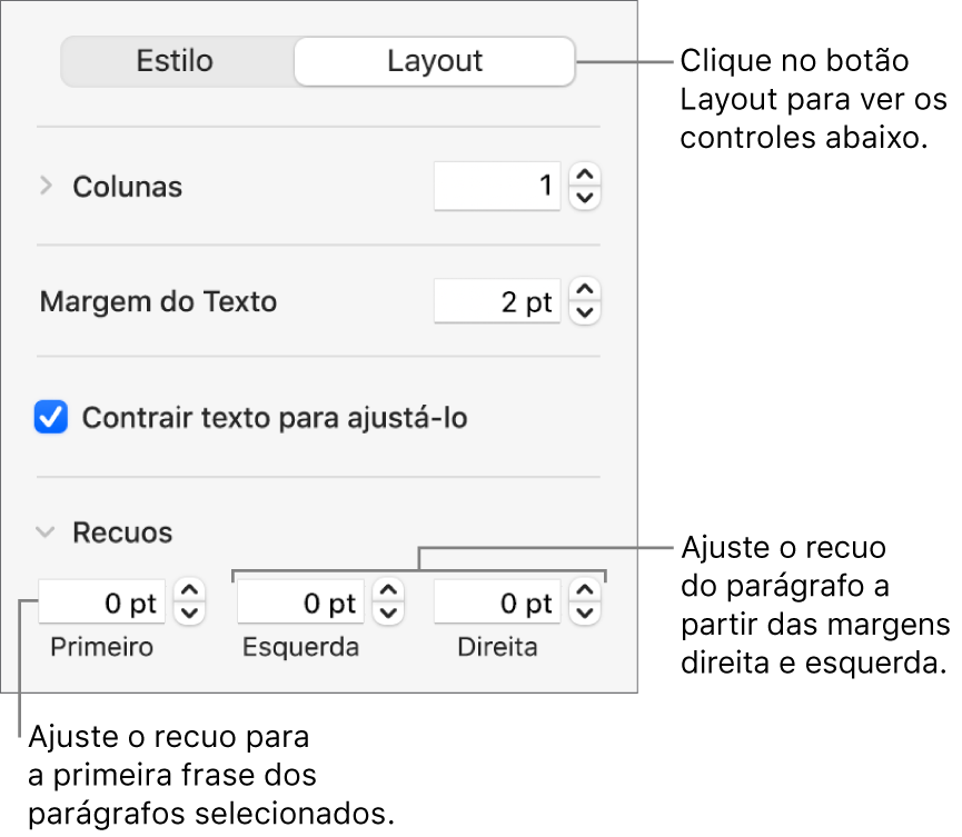 Seção Layout da barra lateral Formatar mostrando controles para ajuste do recuo da primeira linha e das margens do parágrafo.
