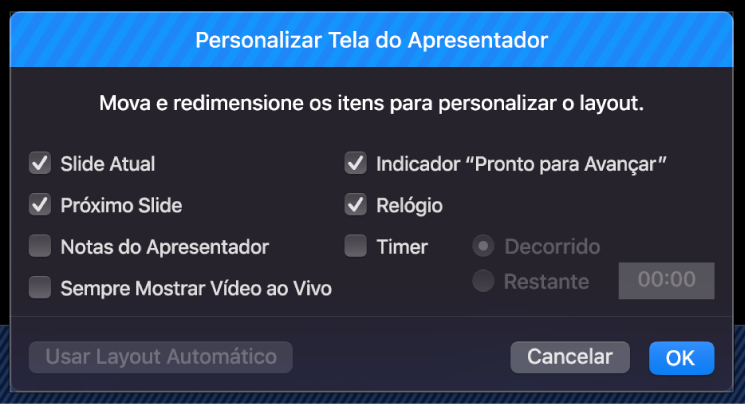 Diálogo Personalizar Tela do Apresentador.