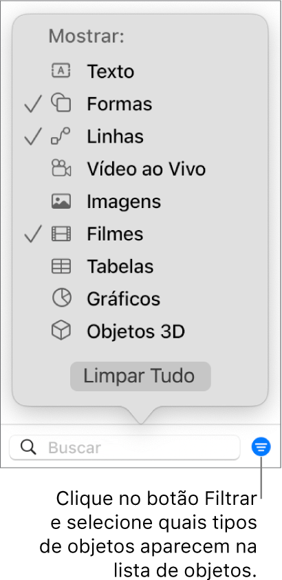 O menu local Filtrar aberto, com uma lista dos tipos de objetos que a lista pode incluir (texto, formas, linhas, imagens, filmes, tabelas e gráficos).