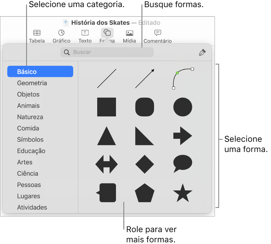 A biblioteca de formas, com categorias listadas à esquerda e formas exibidas à direita. Você pode utilizar o campo de busca na parte superior para encontrar formas e rolar para ver mais.