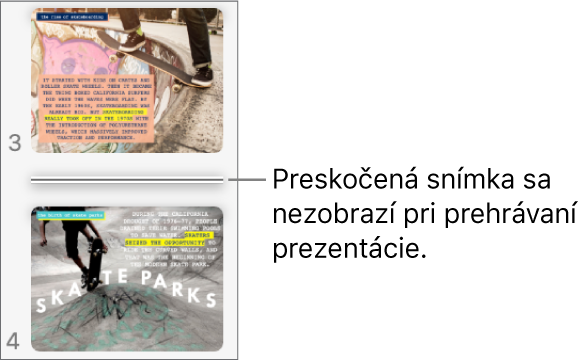 Navigátor snímok s preskočenou snímkou zobrazenou ako vodorovná čiara.