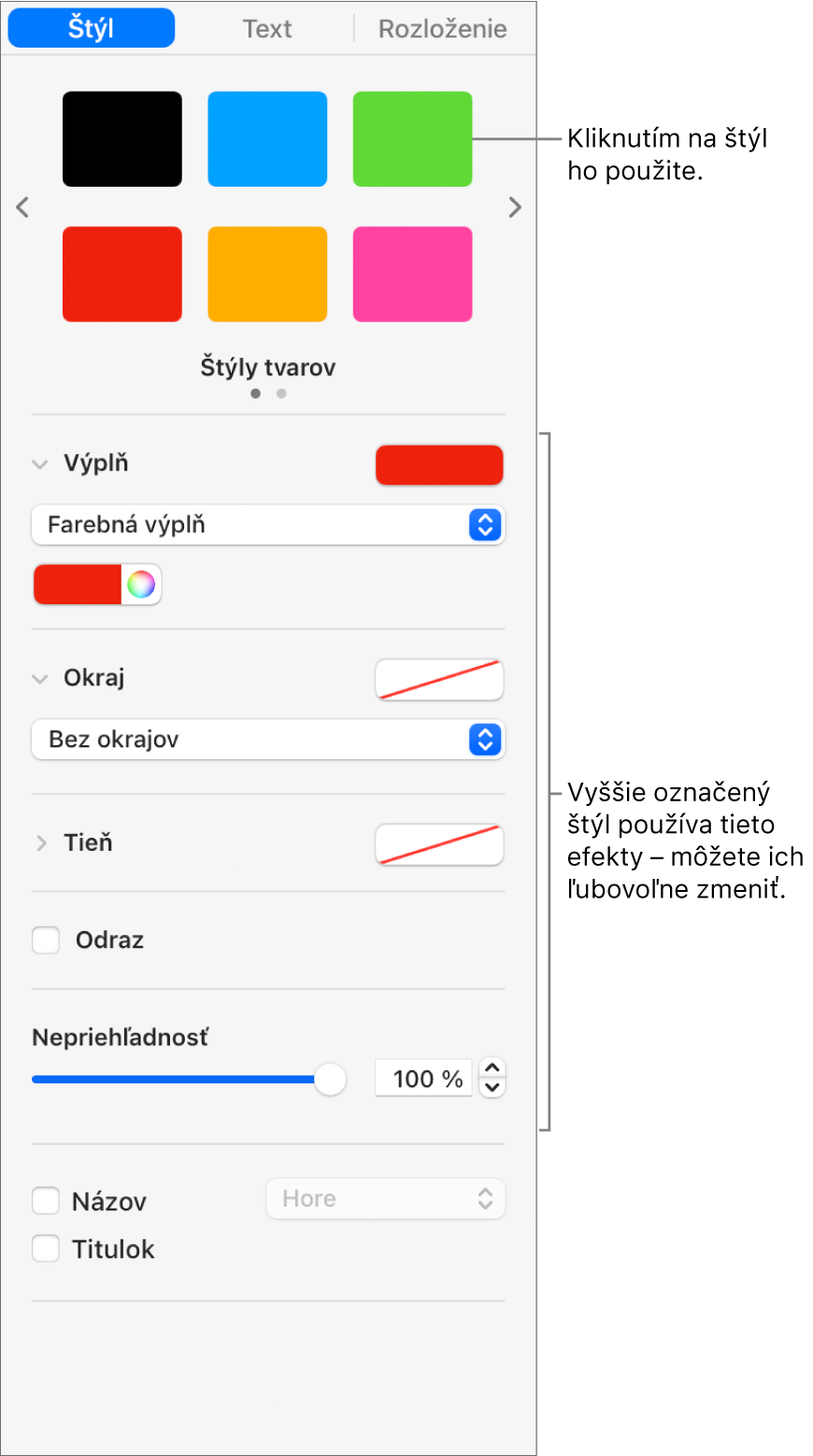 Štýly a možnosti tvaru v časti Formát na postrannom paneli.