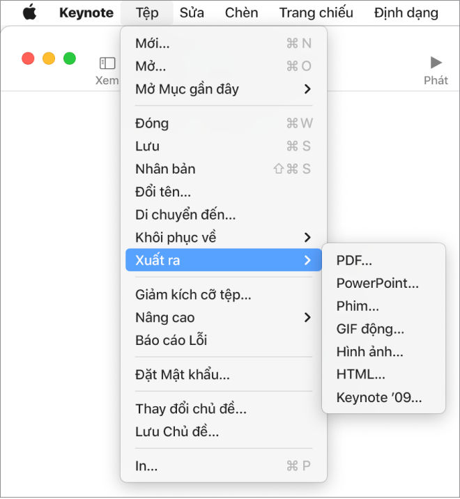 Menu Tệp mở với Xuất ra được chọn và menu con đang hiển thị các tùy chọn xuất cho PDF, PowerPoint, Phim, HTML, Hình ảnh và Keynote ’09.