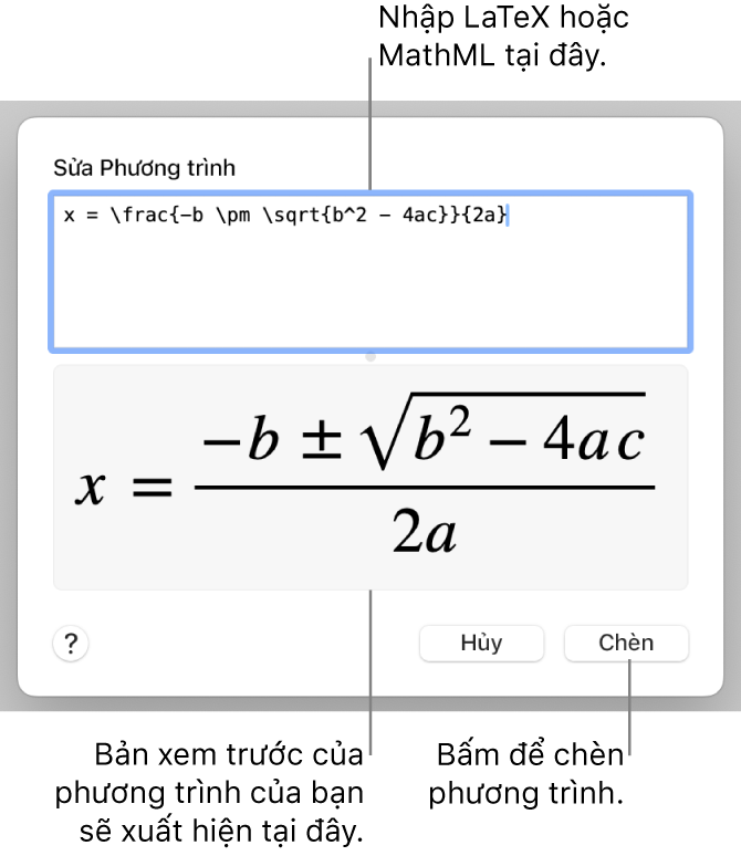 Hộp thoại Sửa phương trình, đang hiển thị công thức bậc hai được viết bằng LaTeX trong trường Sửa phương trình và bản xem trước của phương trình ở bên dưới.