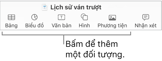 Thanh công cụ Keynote với các nút Bảng, Biểu đồ, Văn bản, Hình và Phương tiện.