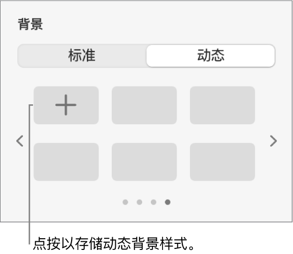 “格式”边栏的“背景”部分中“动态”按钮被选中，同时还显示了“添加样式”按钮。